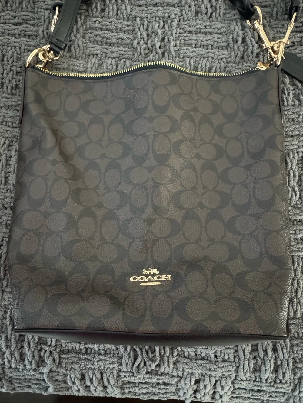 Coach Black Signature Canvas Shoulder Bag with Gold Hardware